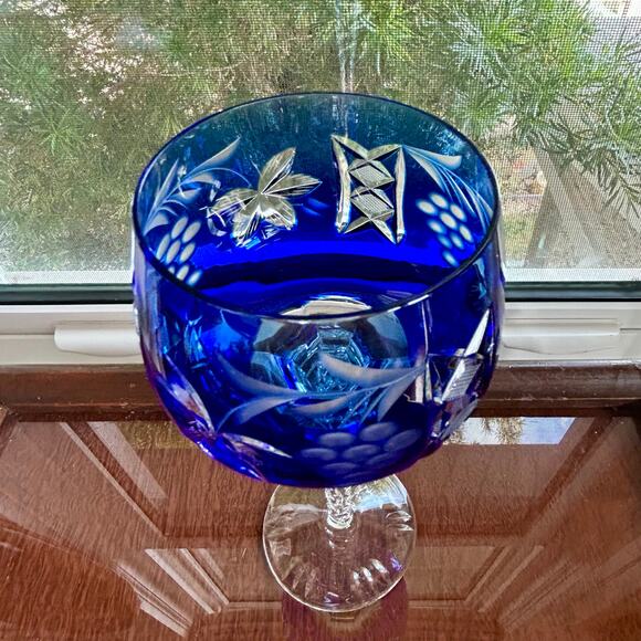 Vintage Bohemian / Czech Cobalt Blue Cut-to-Clear Crystal Wine Hock Goblet - Picture 3 of 11